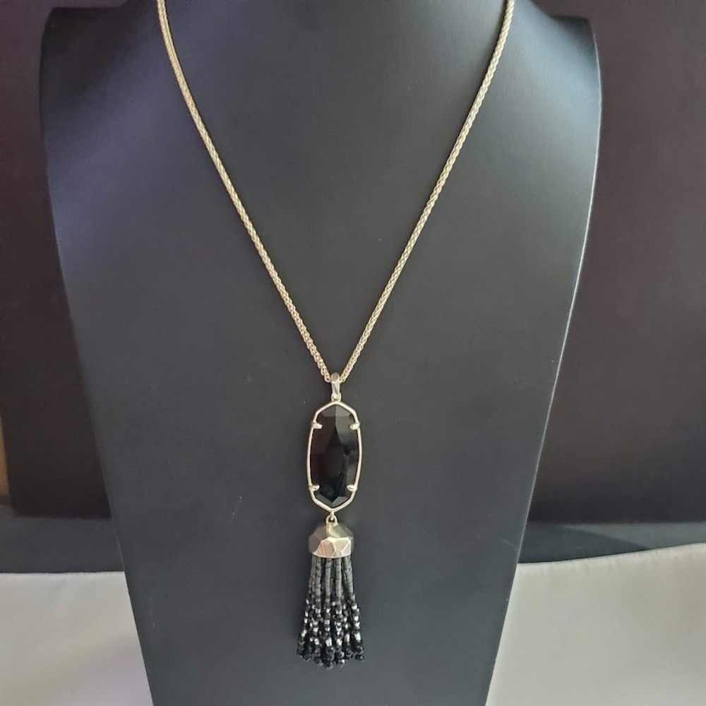 Kendra Scott Eva Gold Long Tassel Necklace Black Opaque Glass Beaded Pendant - Picture 3 of 9